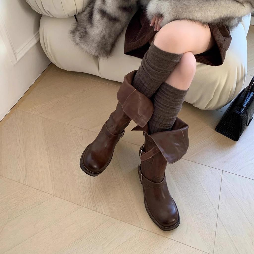 Korean Washed Cowhide Martin Boots Women's Belt Buckle Boots 25 Autumn and Winter New Buckle High Boots Medium Boots