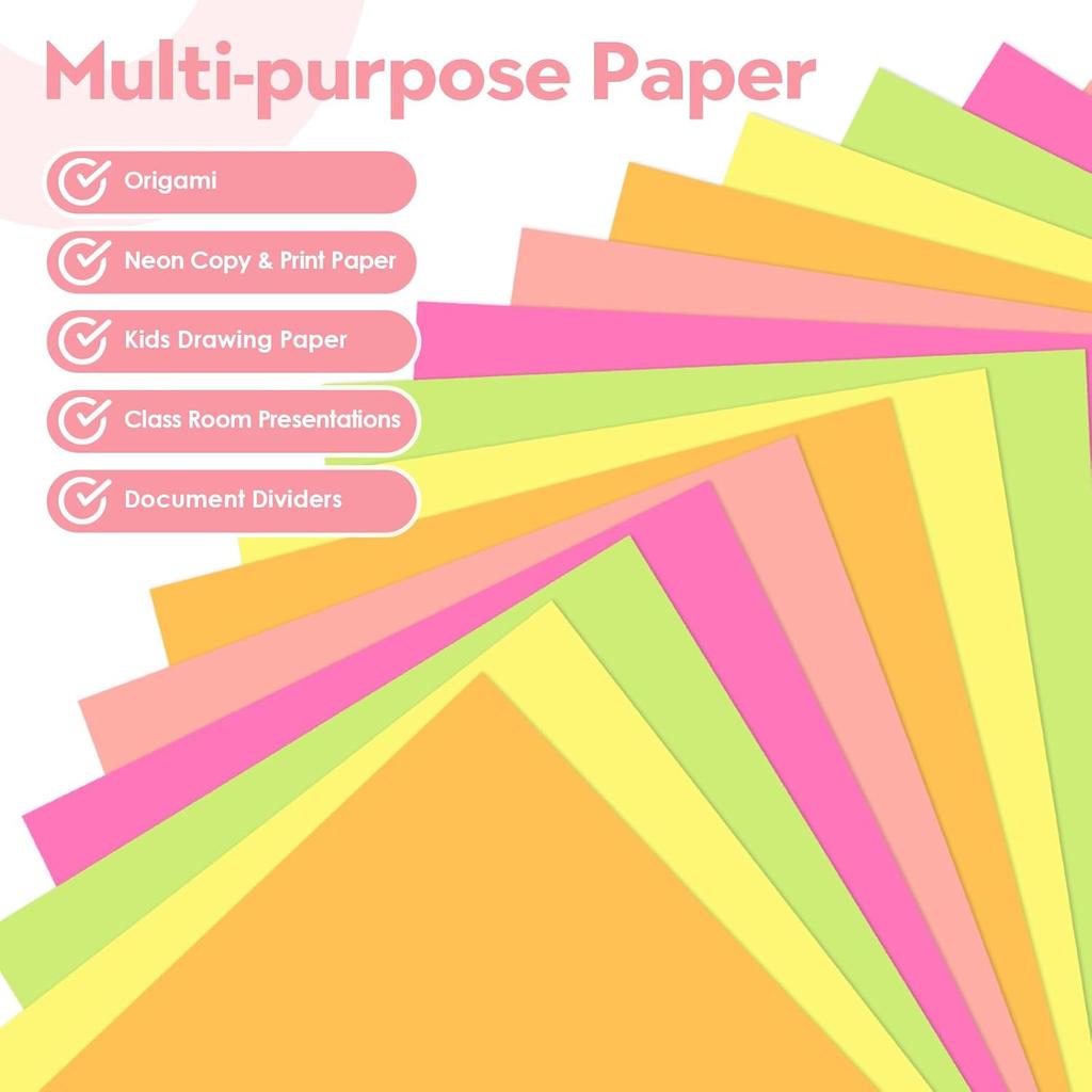 50 Sheets Neon Printer Paper 8.5 x 11 Assorted Colored Copy Computer Paper 20 lb A4 70 gsm Fluorescent Construction Paper for Printing
