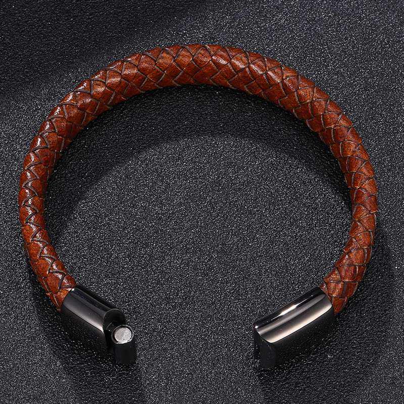 Genuine Leather Bracelet Of Men Brown Leather Black Stainless Steel Clasp Fashion Bangles Jewelry WristBand Gift