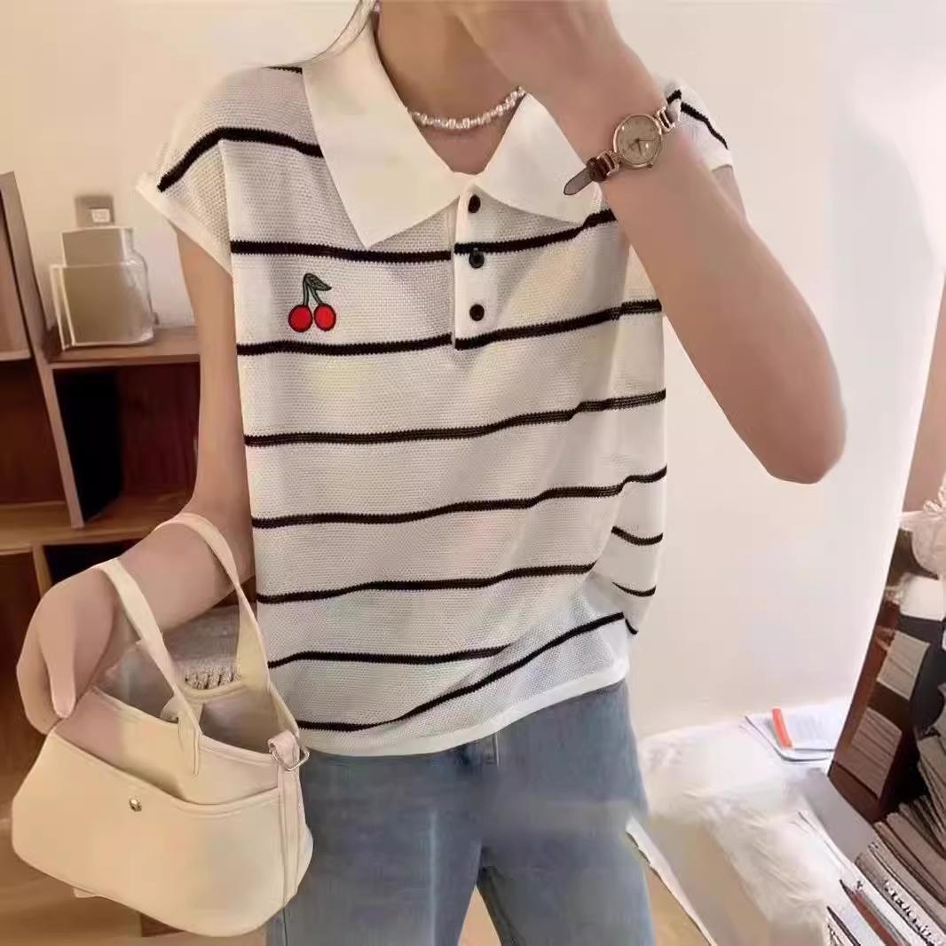 

European Style 2024 Summer Fly Sleeve Striped Polo Collar Tencel Knit Short Sleeve Women s Top L брудно-білий