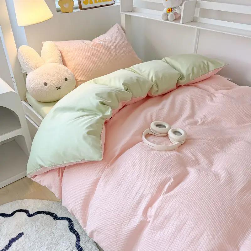 Ins Style Bedding Set Waffle Summer Student Dormitory Duvet Cover Set Bed Sheet Three Piece Set KING Queen