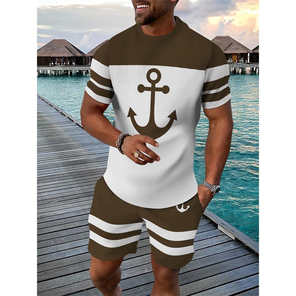 New Men's Hawaiian Two-Piece Set Beach Coconut Tree Print Crew Neck Short Sleeve Shirt Drawstring Shorts Casual Vacation Outfit