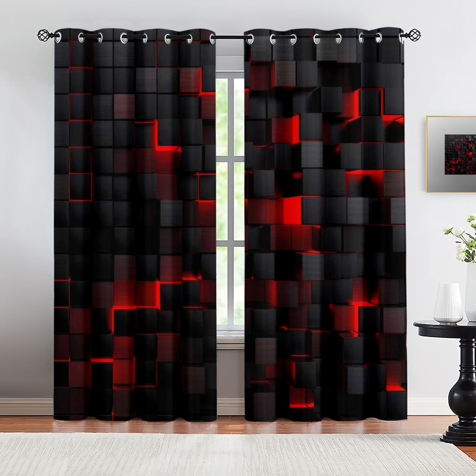 Platte Print Gordijnen Abstracte Kubussen Rood Zwart Kunst Bescherming Privacy Familiefeest Gebruik Binnen Slaapkamer Decoratie Set Van 2 Gemaakt Polyester Meester Decor W170*H200(CM)-Hooks&1PCS