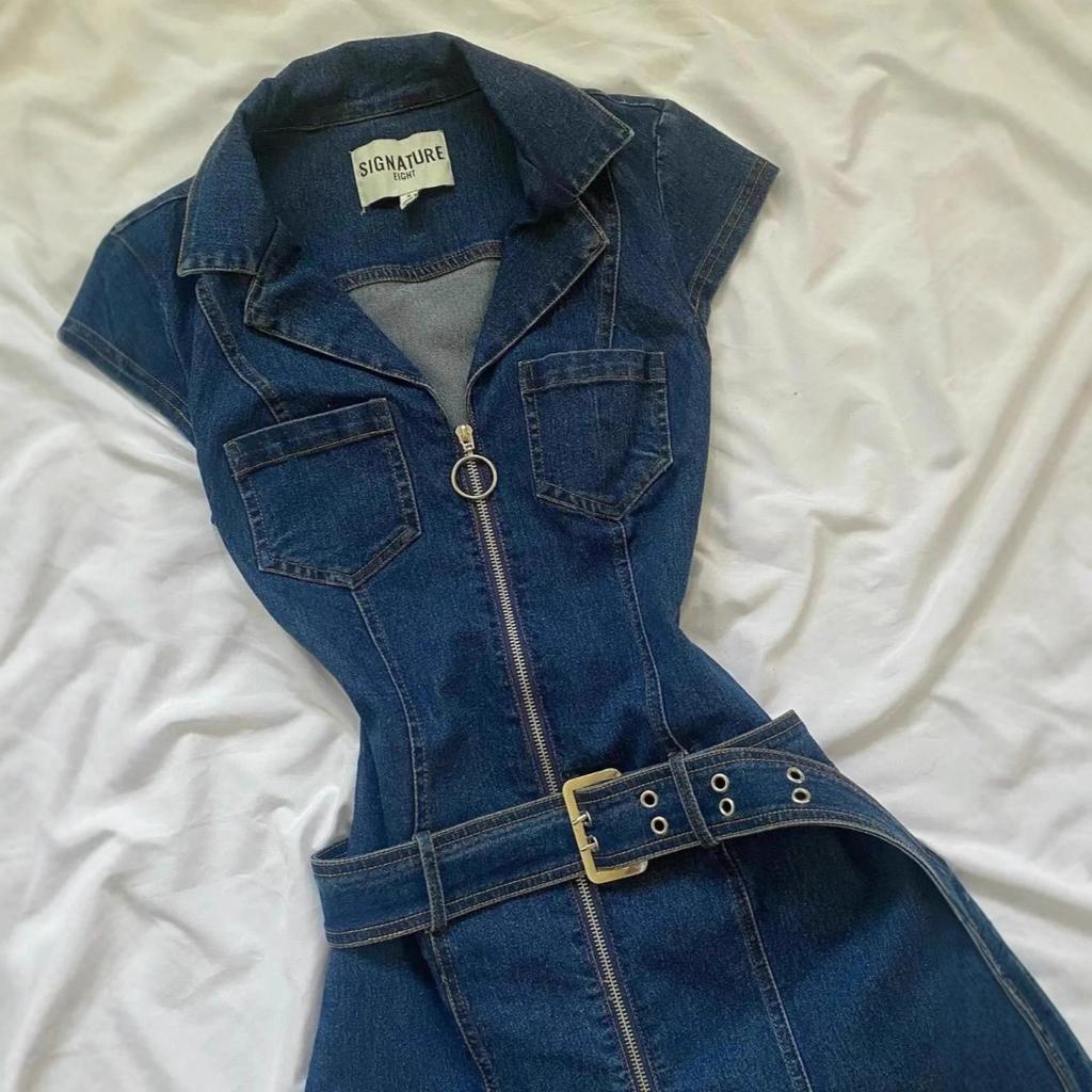Abito in Denim da Donna a Maniche Corte con Collo a Polo Vita Alta Bodycon Midi Abiti Casual