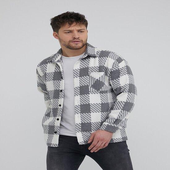 Herren Slim Fit Einzelne Tasche Kariertes Echtes Holzfällerhemd Grau