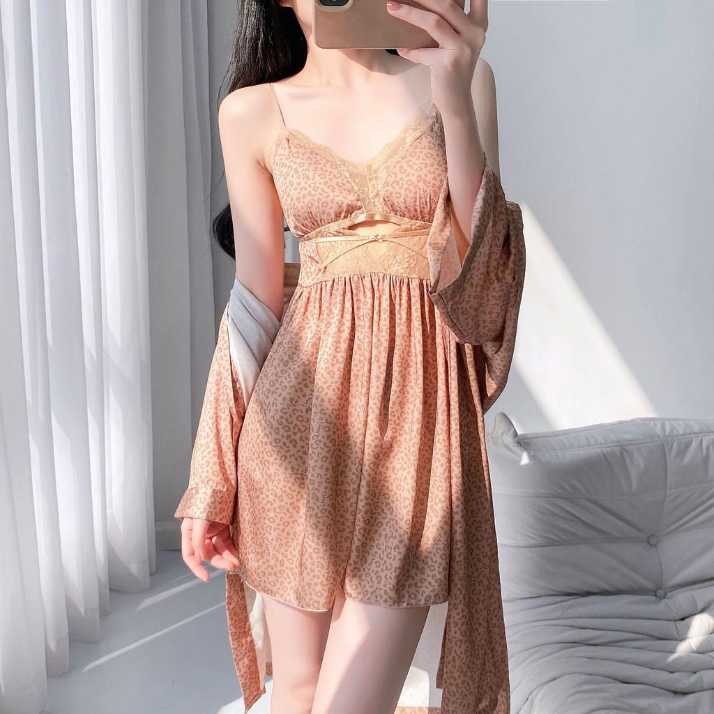 Spring and Summer Japanese Sweet Suspender Nightgown Women's Sexy Thin Suspender Ice Silk Nightdress Pure Desire Style Nightgown Long Sleeve