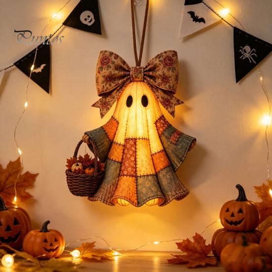 Durable Festival Party Supplies Lighted Vintage Patchwork Ghost Door Hanger, Rustic Farmhouse Figurine, LED Light Up Resin Wall Ornament Halloween