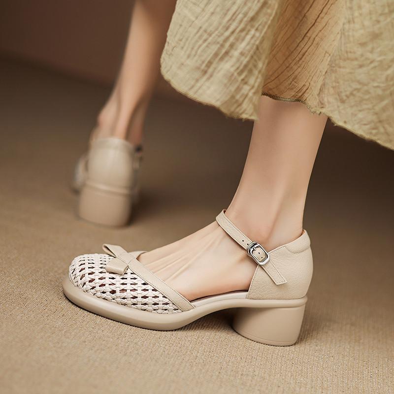 Summer Sheepskin Sandals for Women with Thick Heels and Hollow Soles