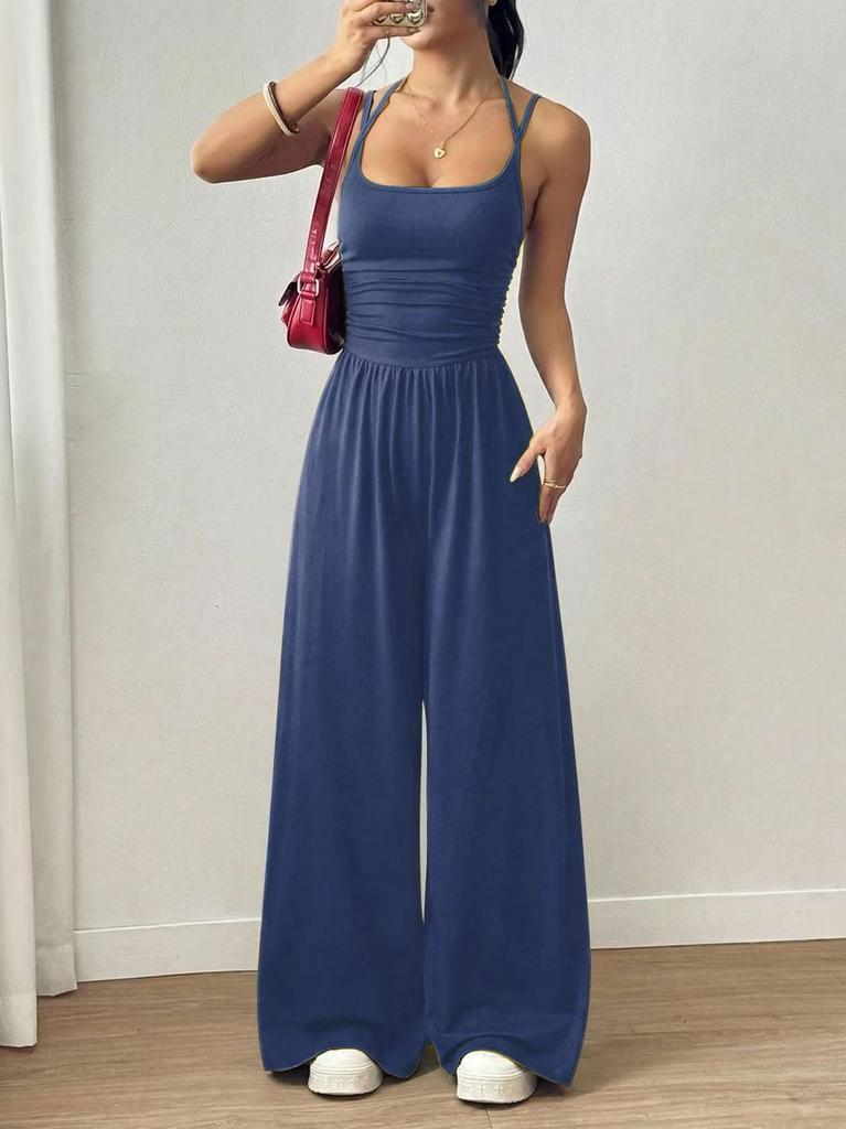 Women's Crisscross Spaghetti Strap Square Neck Ruched High Waist Wide Leg Long Jumpsuit Casual Summer Romper