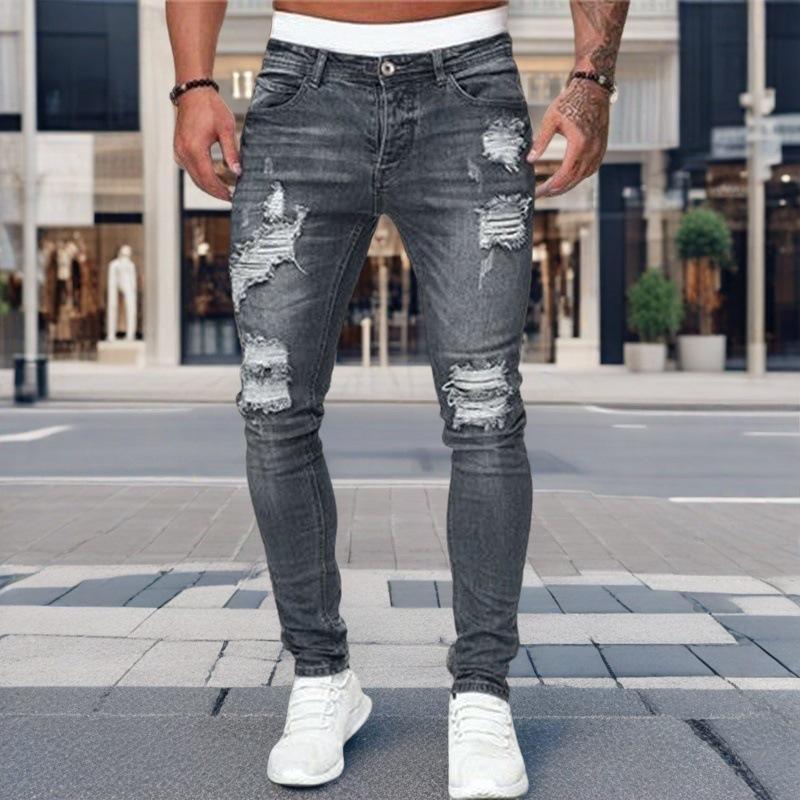 

Трендовые европейские и американские джинсы скинни с потертостями для мужчин с узкими штанинами XL