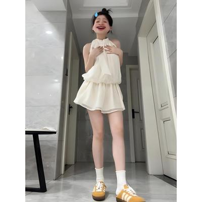 White Sleeveless Neck Sling Dress for Women's Summer Girls, New Holiday Style, Small Waist Skirt