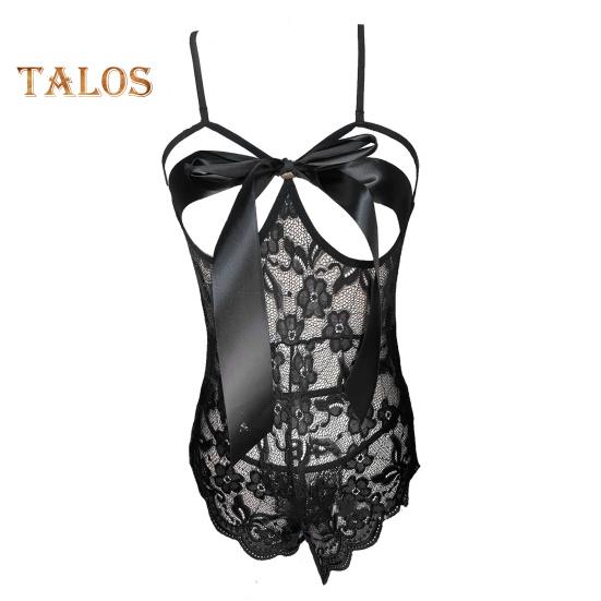 Body sexy para mujer con cordones, lazo, espalda descubierta, sin mangas, fino, transparente, con encaje, entrepierna abierta, bordado de flores, tirantes finos, ajustado, para boda y noche