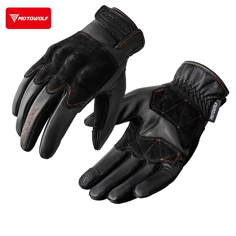 Mens Leather Motorcycle Gloves All Season Windproof Riding Touchscreen Compatible Retro Biker
