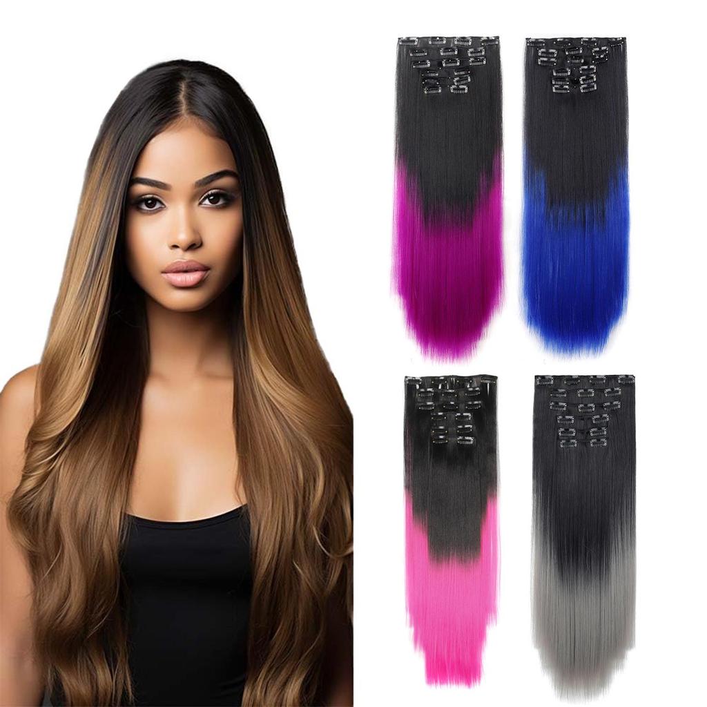 6 Stück/Set Clip In Haarverlängerungen 24 Zoll Lang Glattes Haar Ganzer Kopf Ombre Farbverlauf Synthetisches Haarteil Tägliche Anwendung