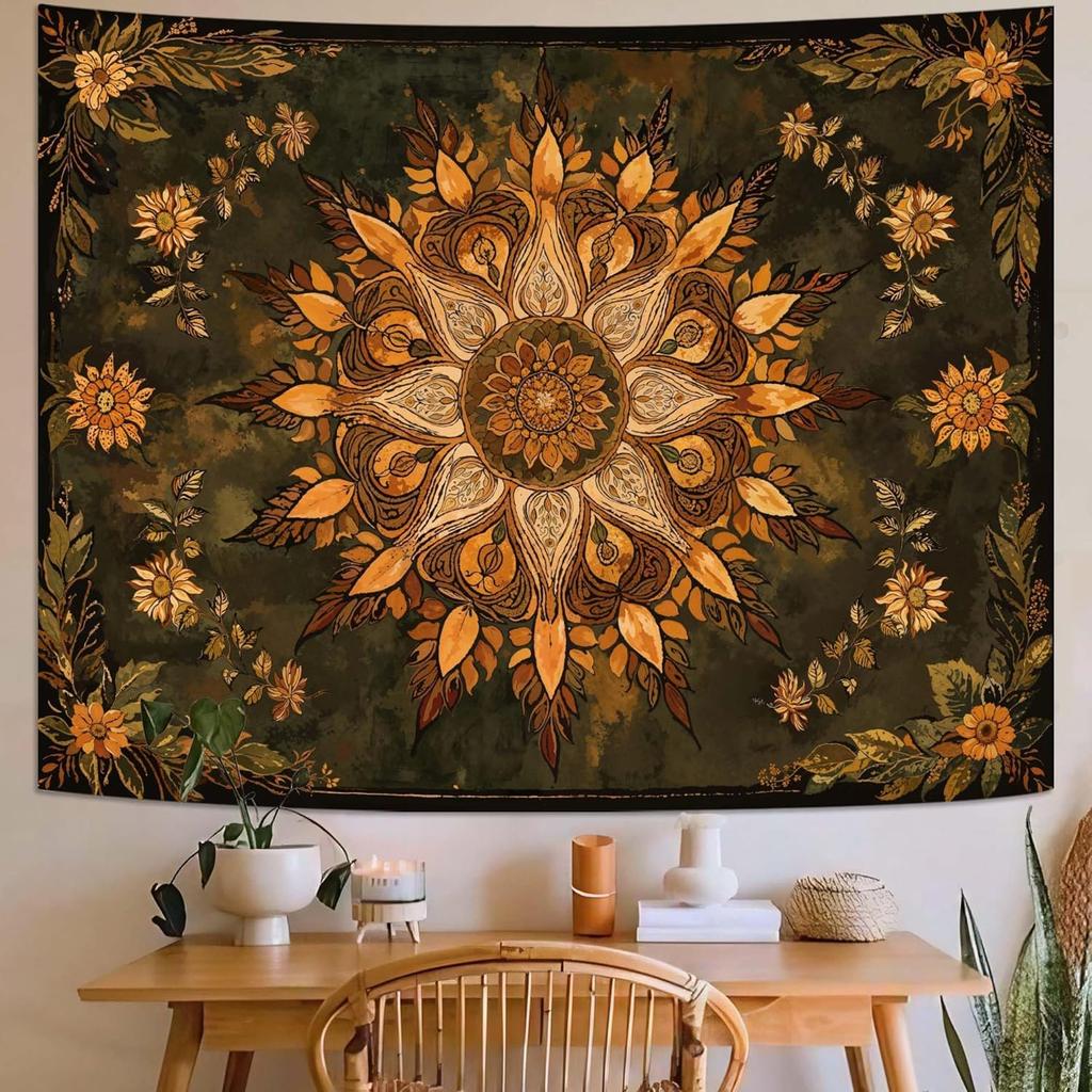 Vintage Sunflower Mandala Tapestry, Bohemian Floral Medallion Wall Hanging for Bedroom Living Room Aesthetic Home Decor