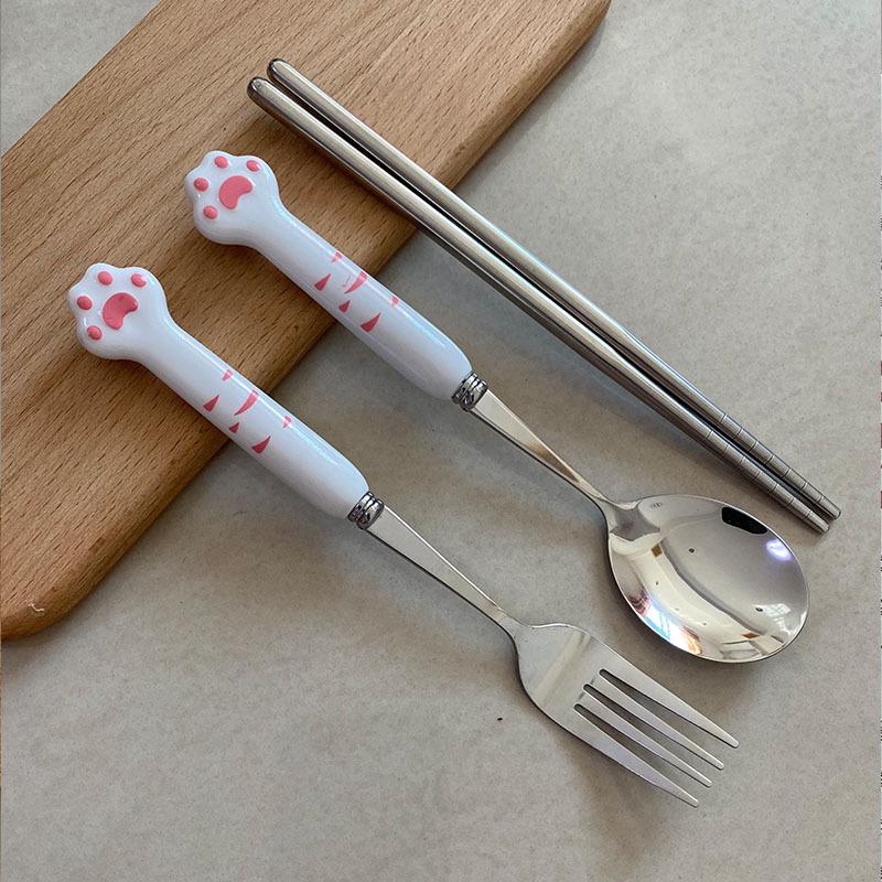 Cat Paw Cute Portable Cutlery: Stainless Steel Dessert Spoon, Fork & Chopsticks Set