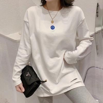 Pure Cotton Ripped White Medium and Long Inner Bottoming Shirt Autumn and Winter Loose Foreign Style Long-sleeved T-shirt Women's Top