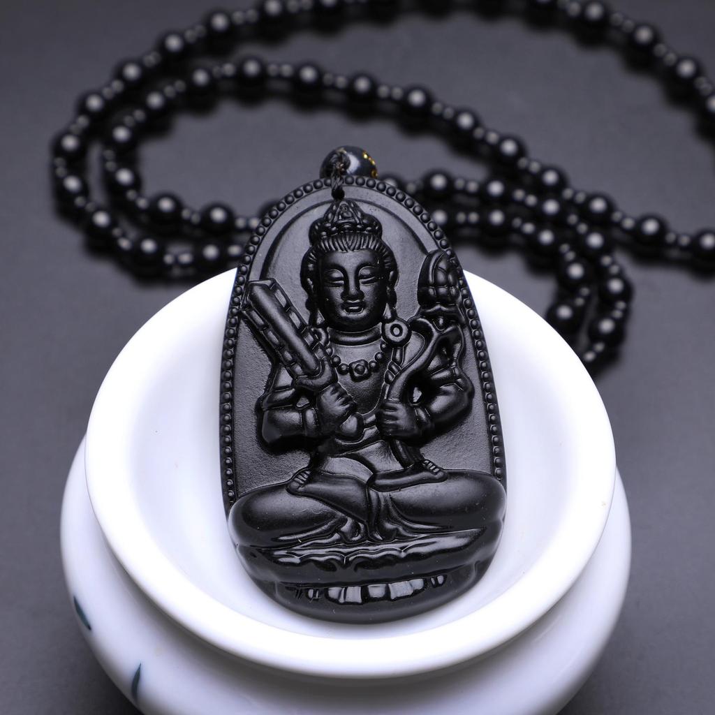 12 Zodiac Guardian Gods Black Obsidian Necklace with Guanyin Pendant