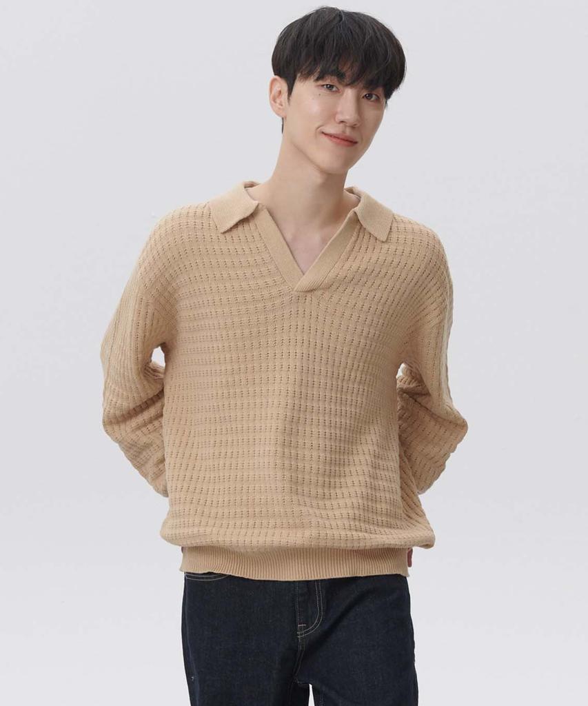 PLAC Waffle Long Sleeve Collared Knit Beige