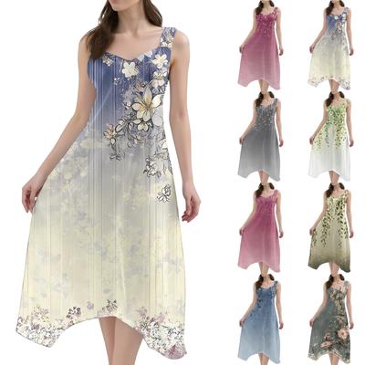 Women's Casual Fashion Round Neck Sleeveless Print Irregular Hem Midi Dress