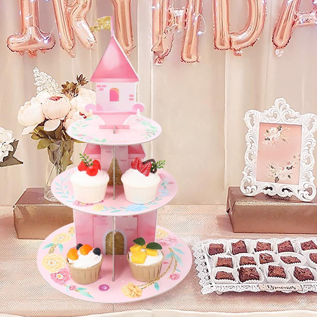 3 Layers Watercolor Princess Cupcake Stand Cardboard Castle Shape Cake Stand for Baby Anniversary Birthday Tea Party Supplies