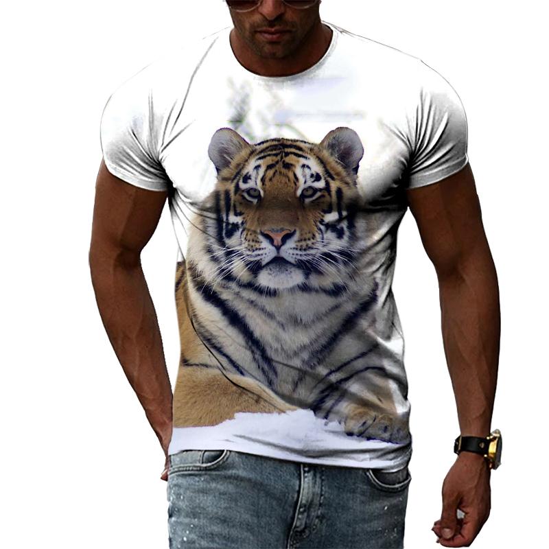 Fashion Handsome Animal Tiger Print Men T-shirt Summer Trend Casual Personality Hip Hop Street Style O-neck Short Sleeve T-shirt