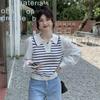 polo collar stripe fake two long sleeve knitted sweaters women's autumn new design sense niche slim short top