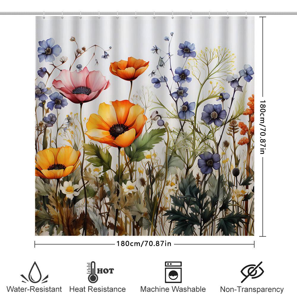 Floral Shower Curtain With Poppy Flower Print For Bathroom Decor Waterproof Fabric Multiple Sizes Available