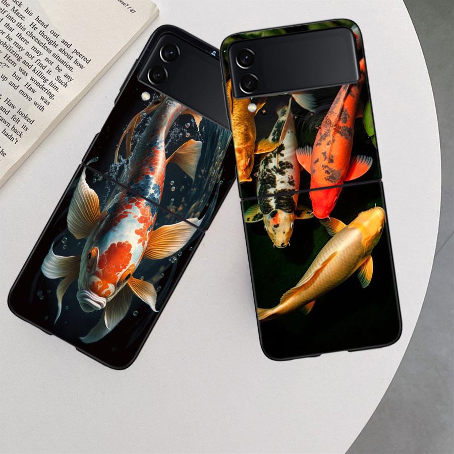 High End Ornamental Fish and Koi Carp Phone Case For Samsung Z Flip 7 6 5G Galaxy Z Flip 5 4 3 Black Hard Cell Cover Luxury PC