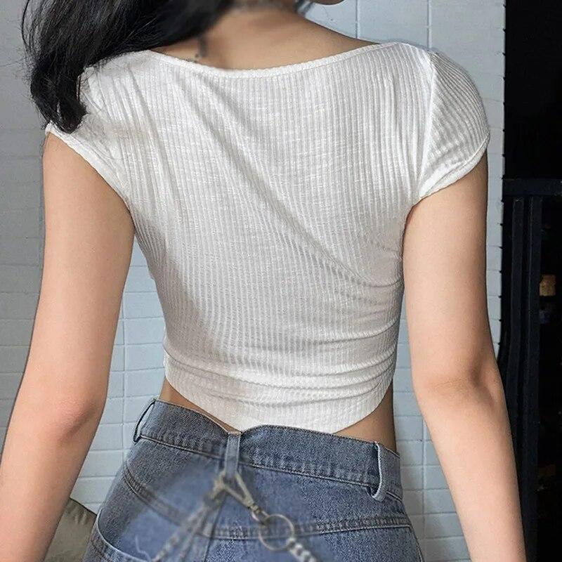Maglietta da donna a maniche corte con ombelico esposto, casual irregolare, colletto quadrato quadrato
