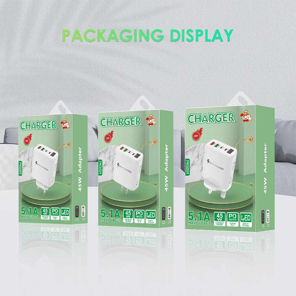 45W Multi-Port Phone Charger with Digital Display, 2A+2C, 3.1A, EU/UK Plug