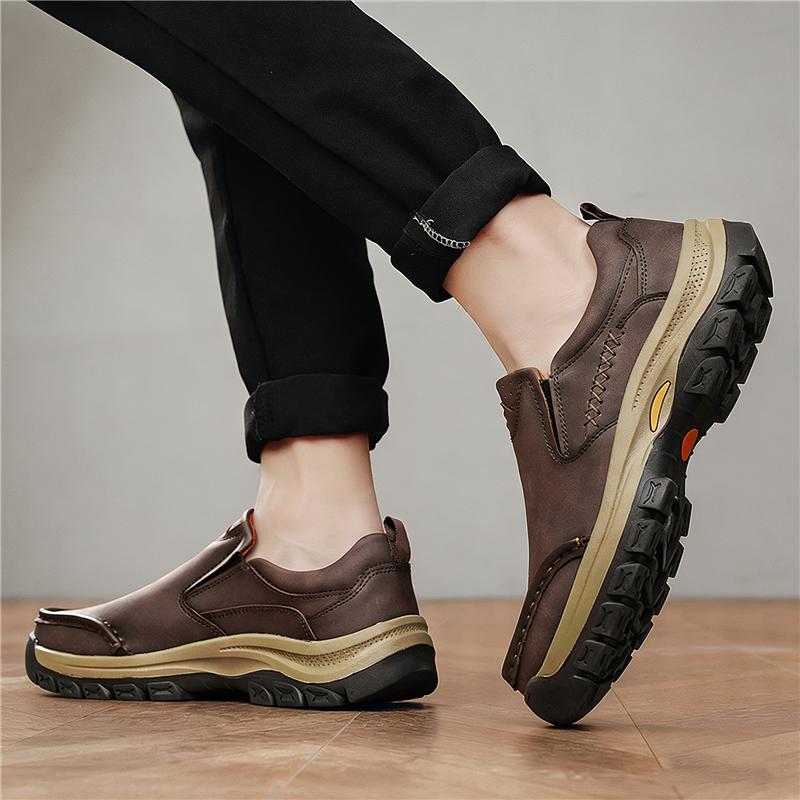 Retro New Black Brown Loafers Men's Thick-soled Outdoor Hiking Leather Casual Shoes Male Slip On Walking Footwears