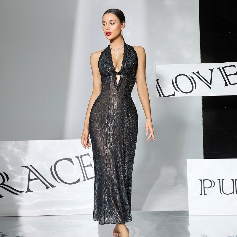 Black Flash Silk Perspective Dress Long Dress Neck Deep Back Slim Fish Tail Sexy Nightdress