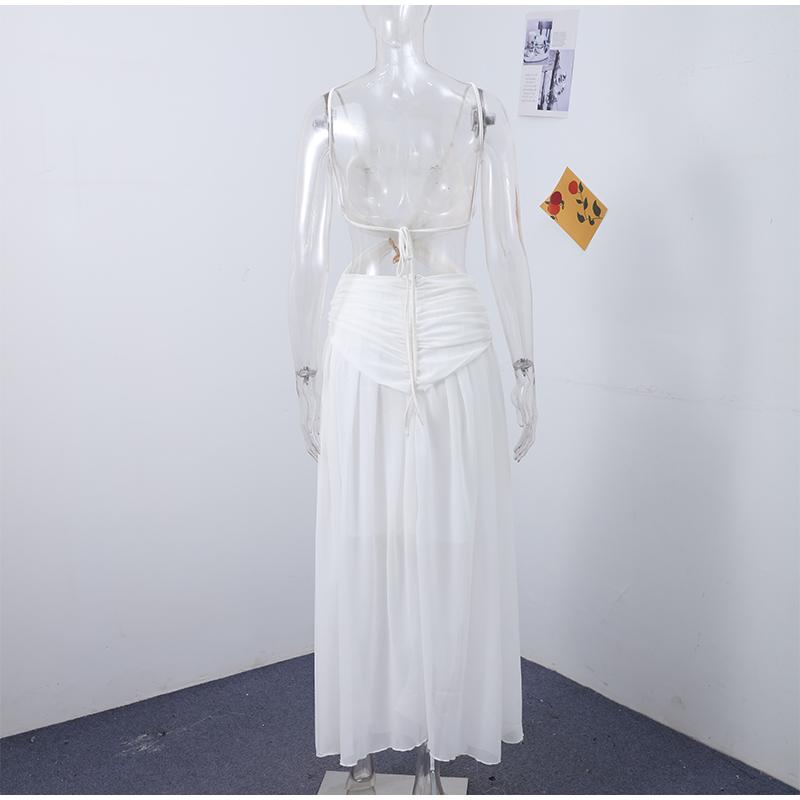 Sexy Hollow Out Long Dresses for Women Pleated V Neck Halter Sleeveless Backless Female Dress Fashion Solid Color A-Line Lady Dresses
