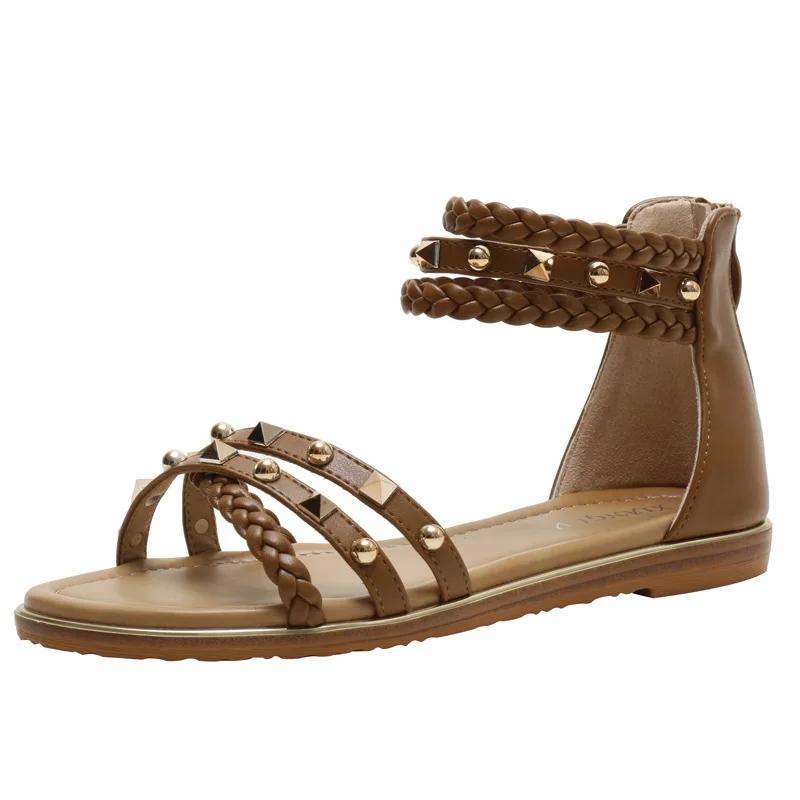 Fashion New Bohemian Style Woven Roman Sandals Women's Summer Casual Flat Bottomed Minimalist Beach Vacation Rivet Thin Band Sandals 42