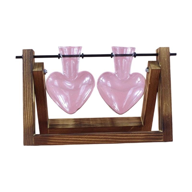 Modern Heart Shape Glass Vases Set With Wooden Frame Suitable For Hydroponic Plant Florals Displays And Home Styling