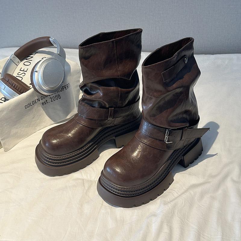 

Модные универсальные ретро ботинки Мартин на толстой подошве с пряжкой-ремнем женские 2025 осень и зима новые универсальные кожаные ботинки на толстой подошве с увеличением роста 40 коричневый