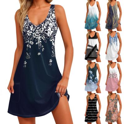 Lässiges Sommerkleid für Damen mit Taschen, Sommer-Boho-Strandkleid, Blumenblusen für Damen, T-Shirts, Kleid mit V-Ausschnitt, lockere Tank-Kleider
