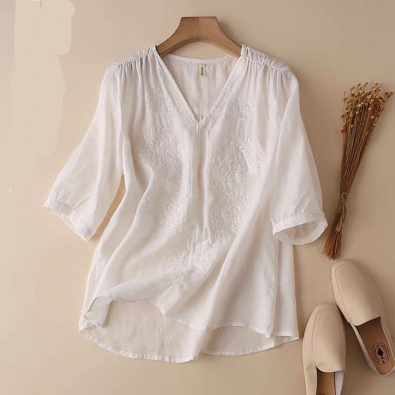 

Летняя женская винтажная хлопковая удобная футболка, свободная футболка с вышивкой, большие размеры M белый