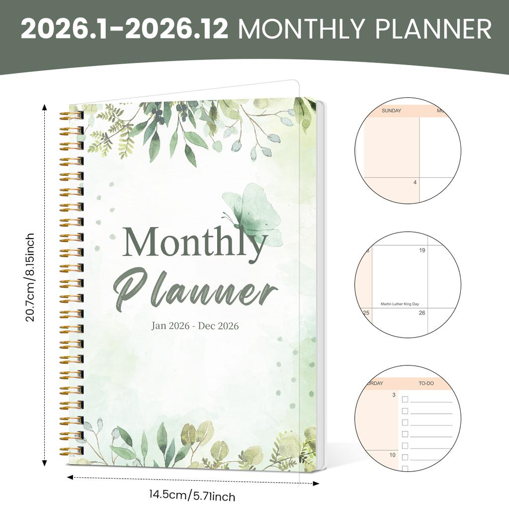 2026 A5 Monthly Planner,Green Butterfly Floral Cover,Academic Agenda with Notes&To Do List,Perfect for Time Management,Good Gift