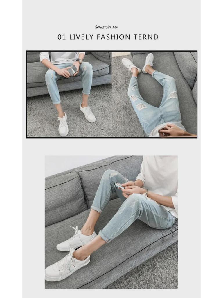 Jeansi skinny rupți la modă pentru bărbați în stil coreean - Slim, largi, lungime nouă puncte pentru primăvară/vară