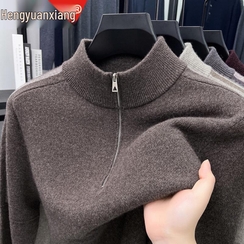 Hengyuanxiang Men's 100% Pure Wool Half-Zip Crew Neck Sweater - 2025 Autumn/Winter Warm Knitwear