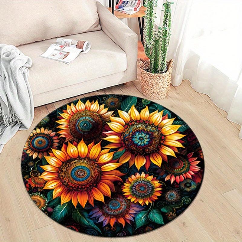 Plush Sunflower Print Round Area Rug - Non-Slip, Soft Polyester Carpet for Bedroom & Living Room Decor, Vibrant Home Accent Mat
