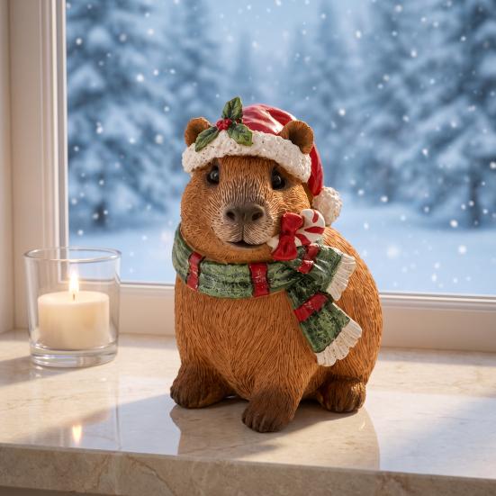 Whimsical Animal Ornaments for Courtyard Christmas Capybara Resin Figurine, Statue with Santa Hat Scarf Wreath, Artistic Crafts Windowsill