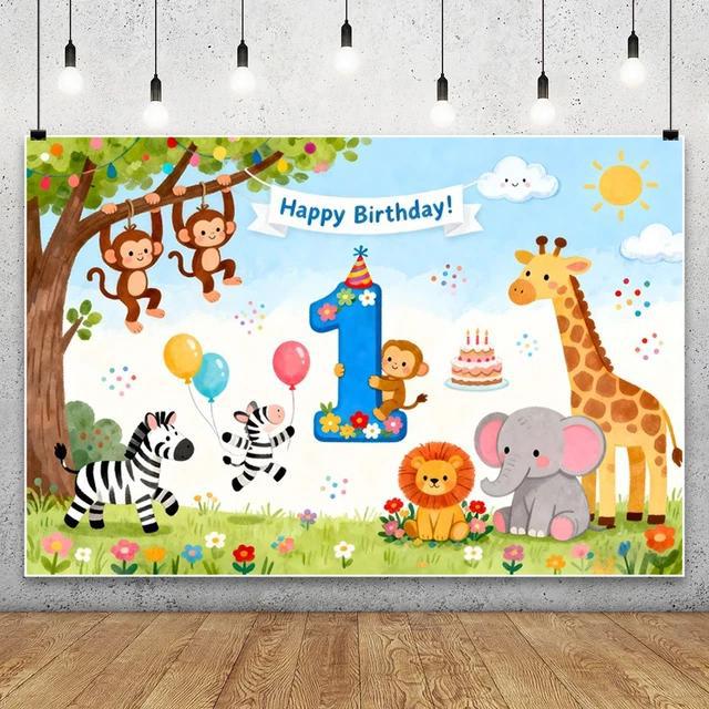 Cartoon Jungle Zoo Children's Birthday Party Decoration Photography Background Cloth Banner