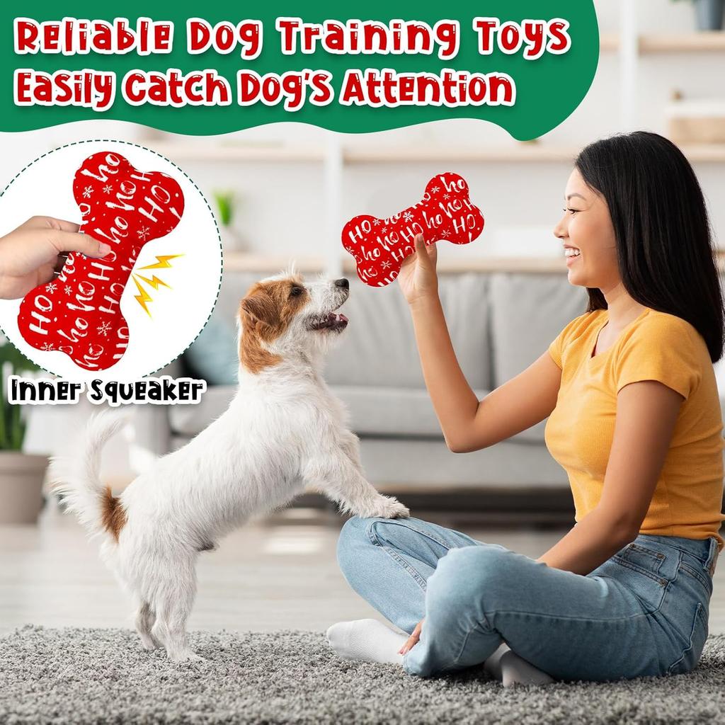 6 Pack Christmas Dog Squeaky Bone Toys Plush Interactive Dog Pets Birthday Bone Shape Stuffed Chew Toys for Puppy Small Medium Large Squeak Toss Play
