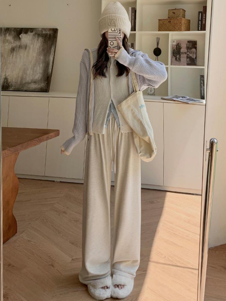 Women's Dark Gray Soft Wide-Leg Glutinous Rice Pants - Spring/Autumn Plus Velvet Warm Casual Petite Long Pants.