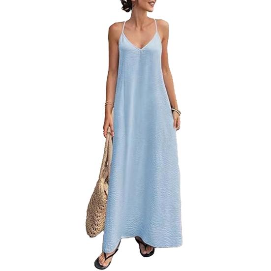 Abito Sexy da Donna Senza Schiena Scollo a V con Laccetto Senza Maniche Maxi Abito Estivo da Spiaggia Abito Lungo Ampio