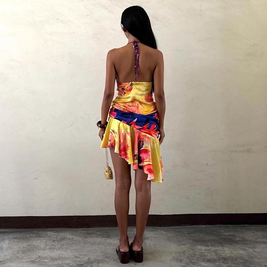 2026 European and American summer new printing fashion suspender backless niche sexy hot girl vacation dress