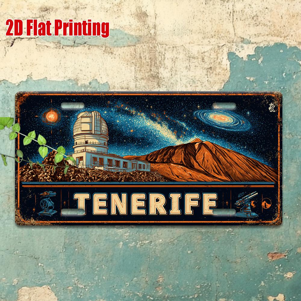 Printing, , Vintage Metal License Plate, Outdoor Wall Art , TENERIFE Aluminum Sign with Volcano and Observatory Design, Great